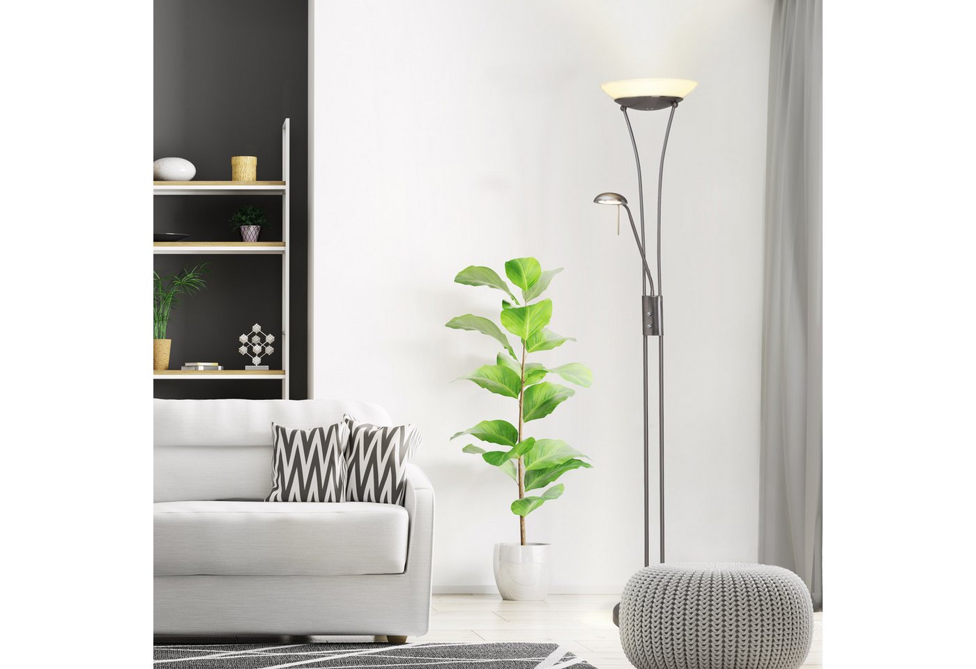 Brilliant LED Deckenfluter Finn, Lesearm, LED fest integriert, Lesearm, H 179 cm, dimmbar, 2500 lm, warmweiß, Metall/Glas, eisen/weiß – Bild 2 von 5