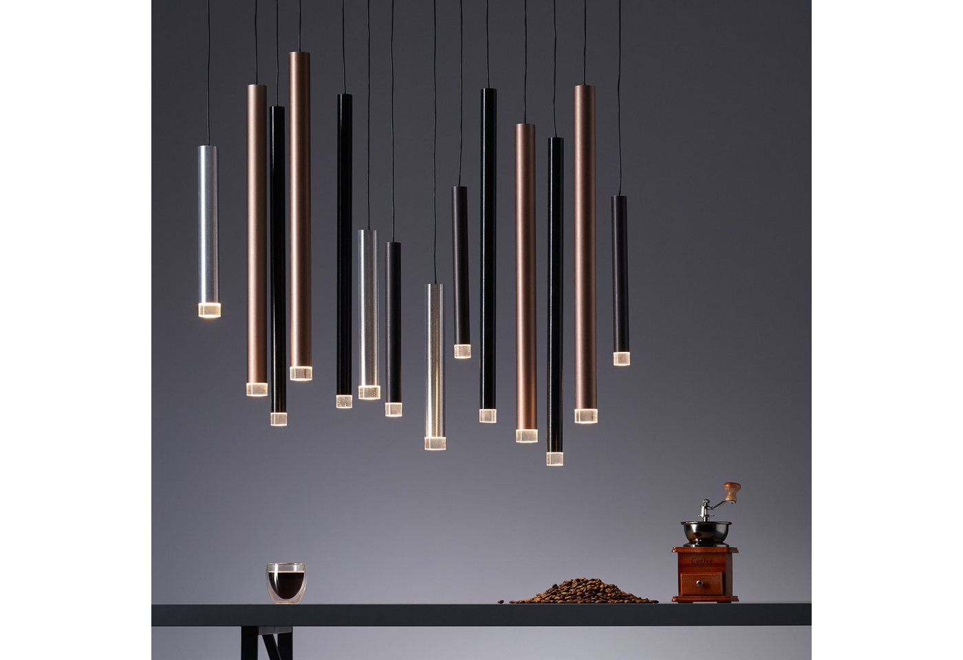 Brilliant Pendelleuchte Cembalo, LED fest integriert, Warmweiß, LED Hängelampe 14flg braun/Kaffee – Bild 2 von 5