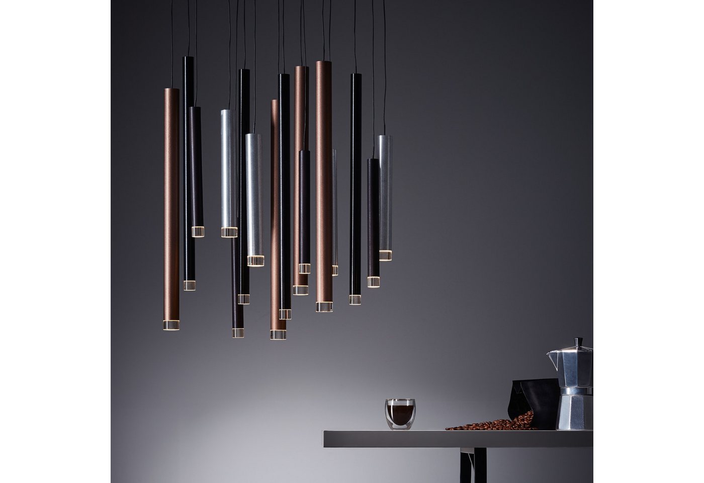 Brilliant Pendelleuchte Cembalo, LED fest integriert, Warmweiß, LED Hängelampe 16flg braun/Kaffee – Bild 2 von 5