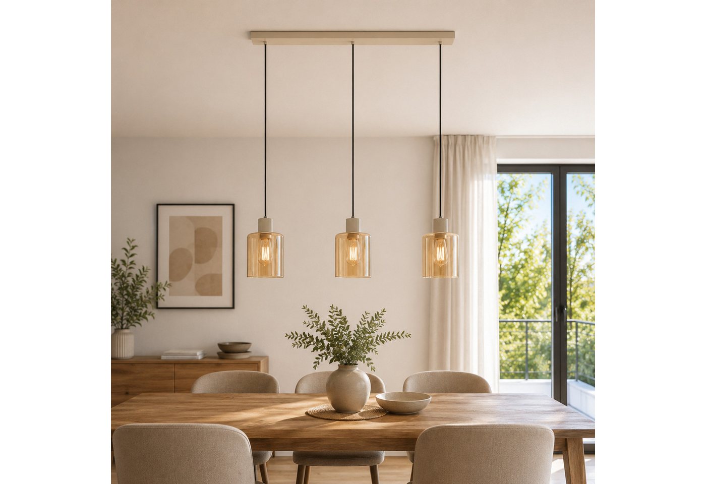 Brilliant Pendelleuchte Lyska, ohne Leuchtmittel, 72 x 12,5 x 120 cm, 3x E27 Fassung, Metall/Glas, beige/bernsteinfarben – Bild 3 von 4
