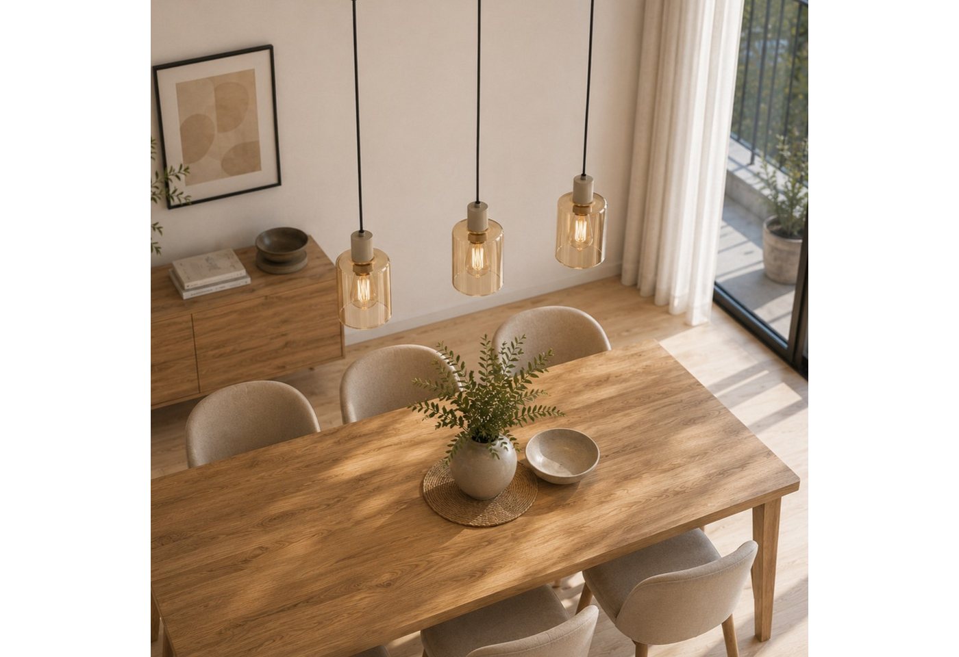Brilliant Pendelleuchte Lyska, ohne Leuchtmittel, 72 x 12,5 x 120 cm, 3x E27 Fassung, Metall/Glas, beige/bernsteinfarben – Bild 4 von 4