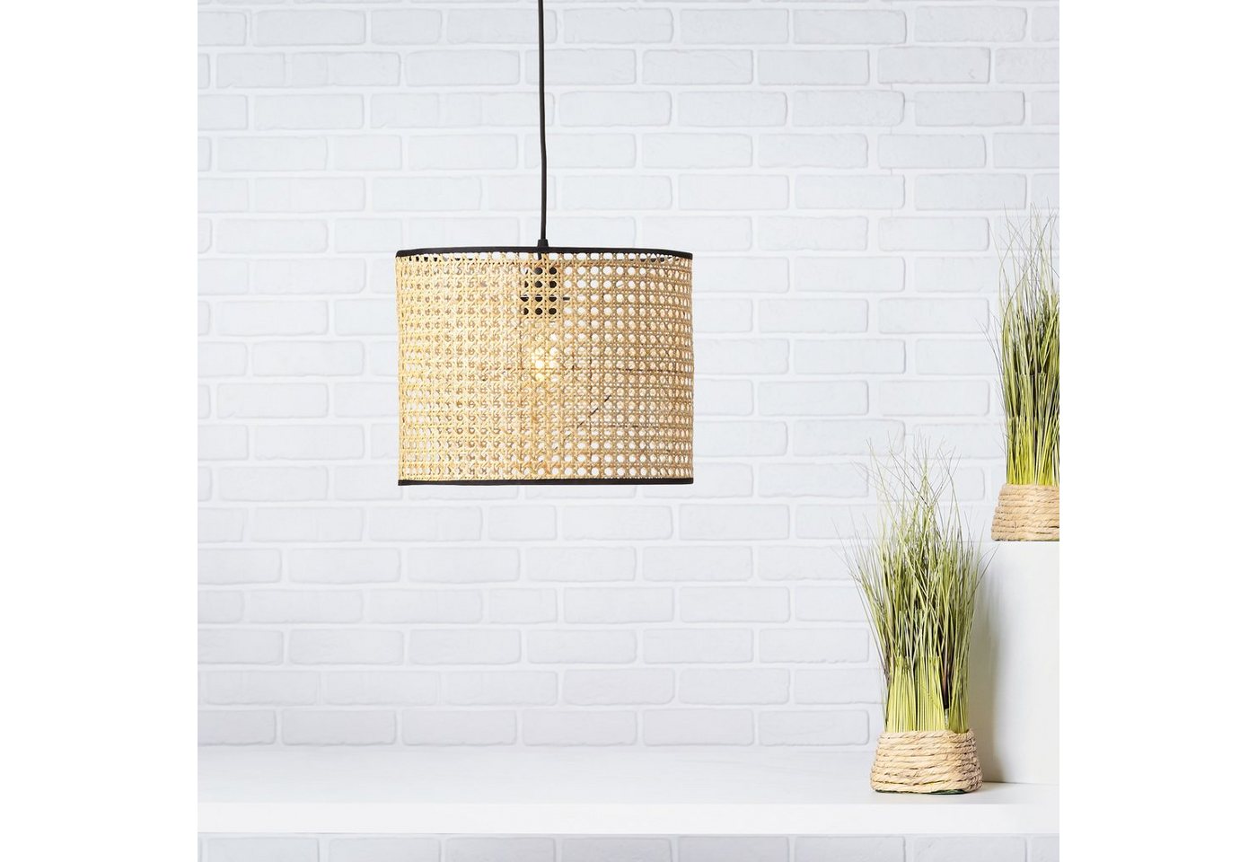Brilliant Pendelleuchte WILEY, ohne Leuchtmittel, 174 cm Höhe, Ø 30 cm, E27, kürzbar, Rattan/Metall, holz hell/schwarz – Bild 5 von 5