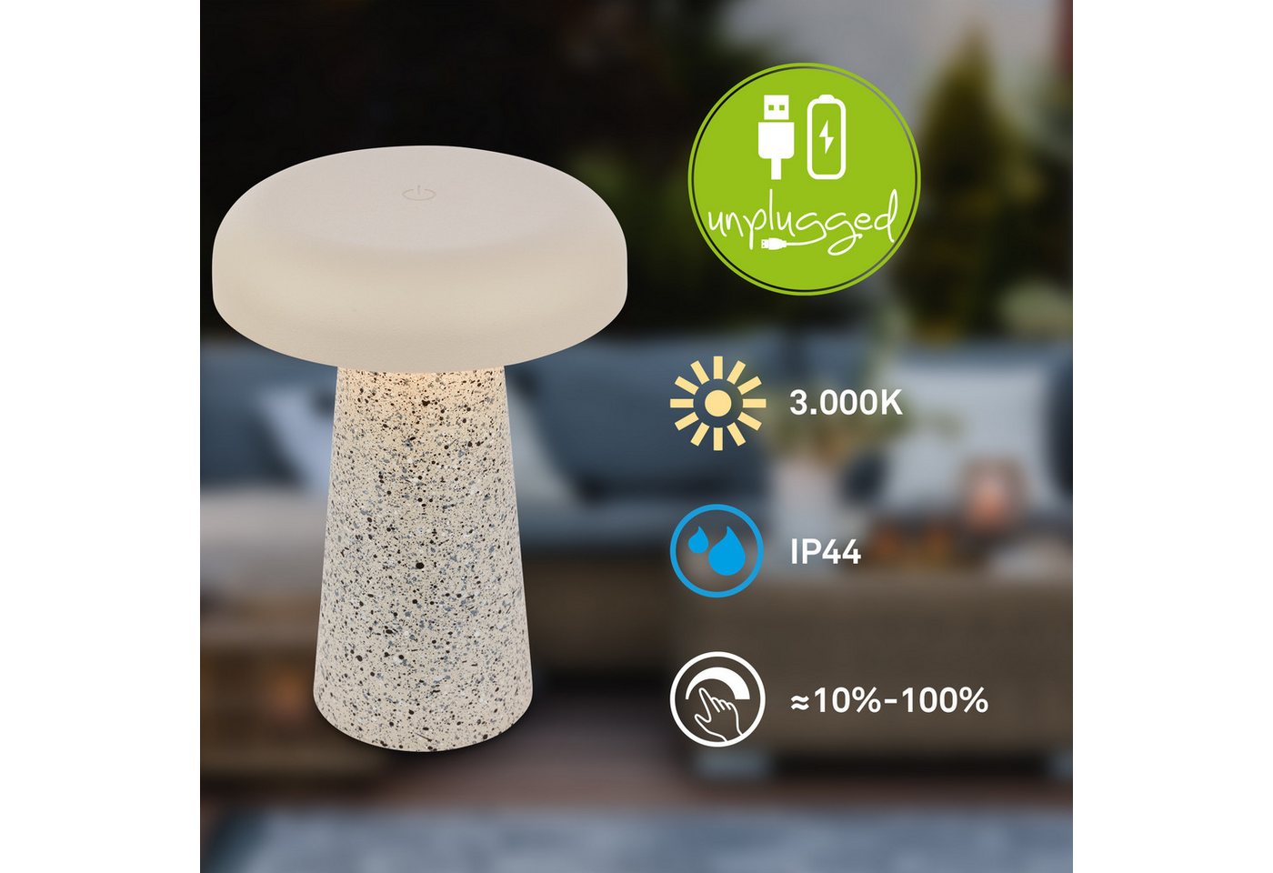 Briloner Leuchten LED Außen-Tischleuchte CLOUD, Dimmfunktion, LED wechselbar, Warmweiß, 12x17 cm, Akku tauschbar, Indoor/Outdoor, Wohnzimmer, Flur, Balkon – Bild 3 von 5