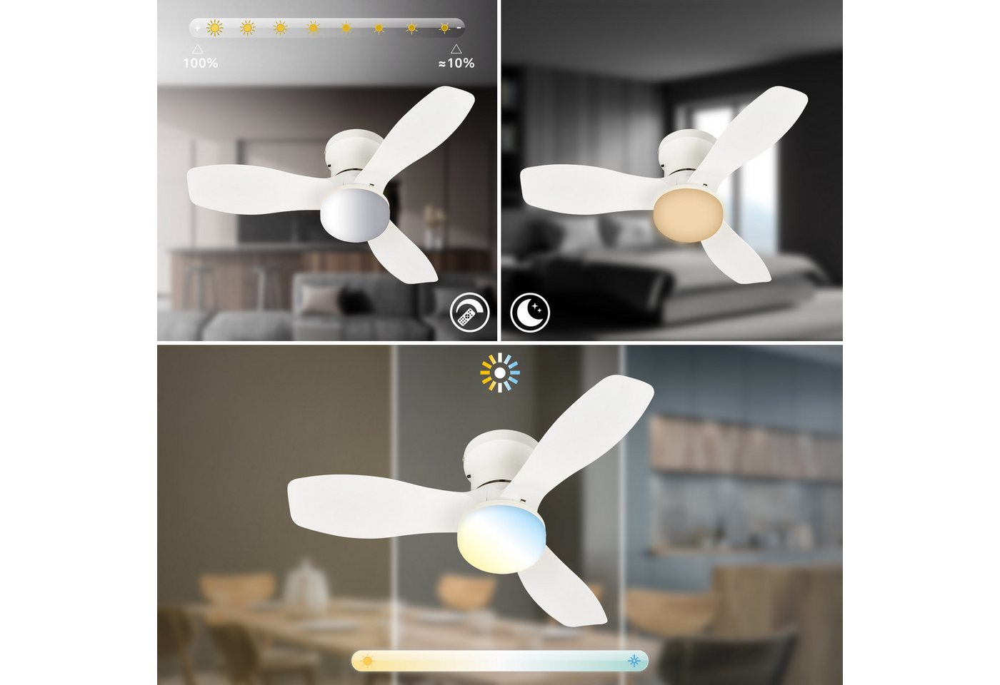 Briloner Leuchten LED Deckenleuchte LUFITO Deckenventilator, Ventilatorfunktion, dimmbar über Fernbedienung, LED fest integriert, warmweiß - kaltweiß, Schlafzim – Bild 3 von 5