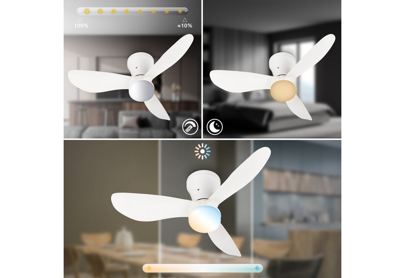Briloner Leuchten LED Deckenleuchte LUFITO Deckenventilator, Ventilatorfunktion, dimmbar über Fernbedienung, LED fest integriert, warmweiß - kaltweiß, Schlafzim – Bild 3 von 5