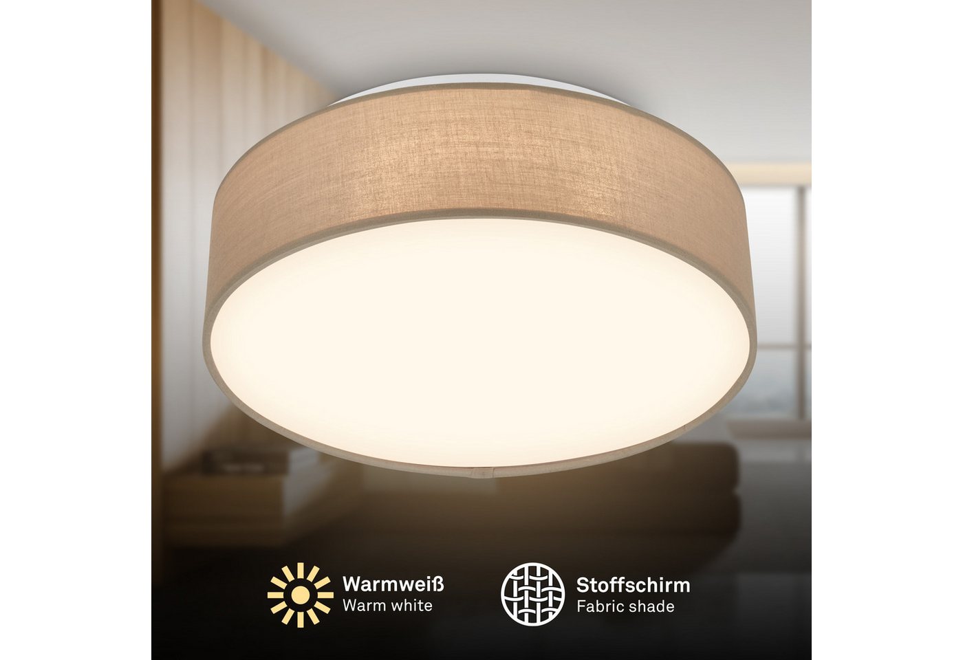 Briloner Leuchten LED Deckenleuchte Stoff-Deckenlampe Textillampe Stoffschirm Wohnzimmer Schlafzimmer, LED fest integriert, 3000K, 30/38x10,5 cm, Wohnzimmer, Sc – Bild 3 von 5