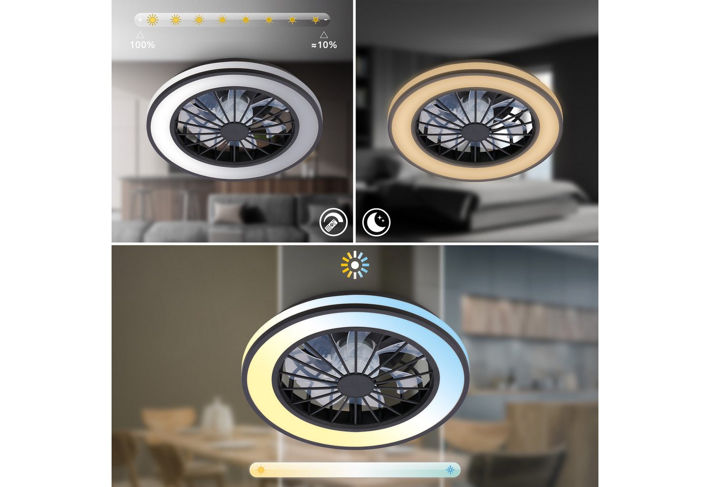 Briloner Leuchten LED Deckenleuchte VENTURO Deckenventilator, dimmbar über Fernbedienung, LED fest integriert, warmweiß - kaltweiß, 38 x 14 cm (DxH), Schlafzimm – Bild 3 von 5