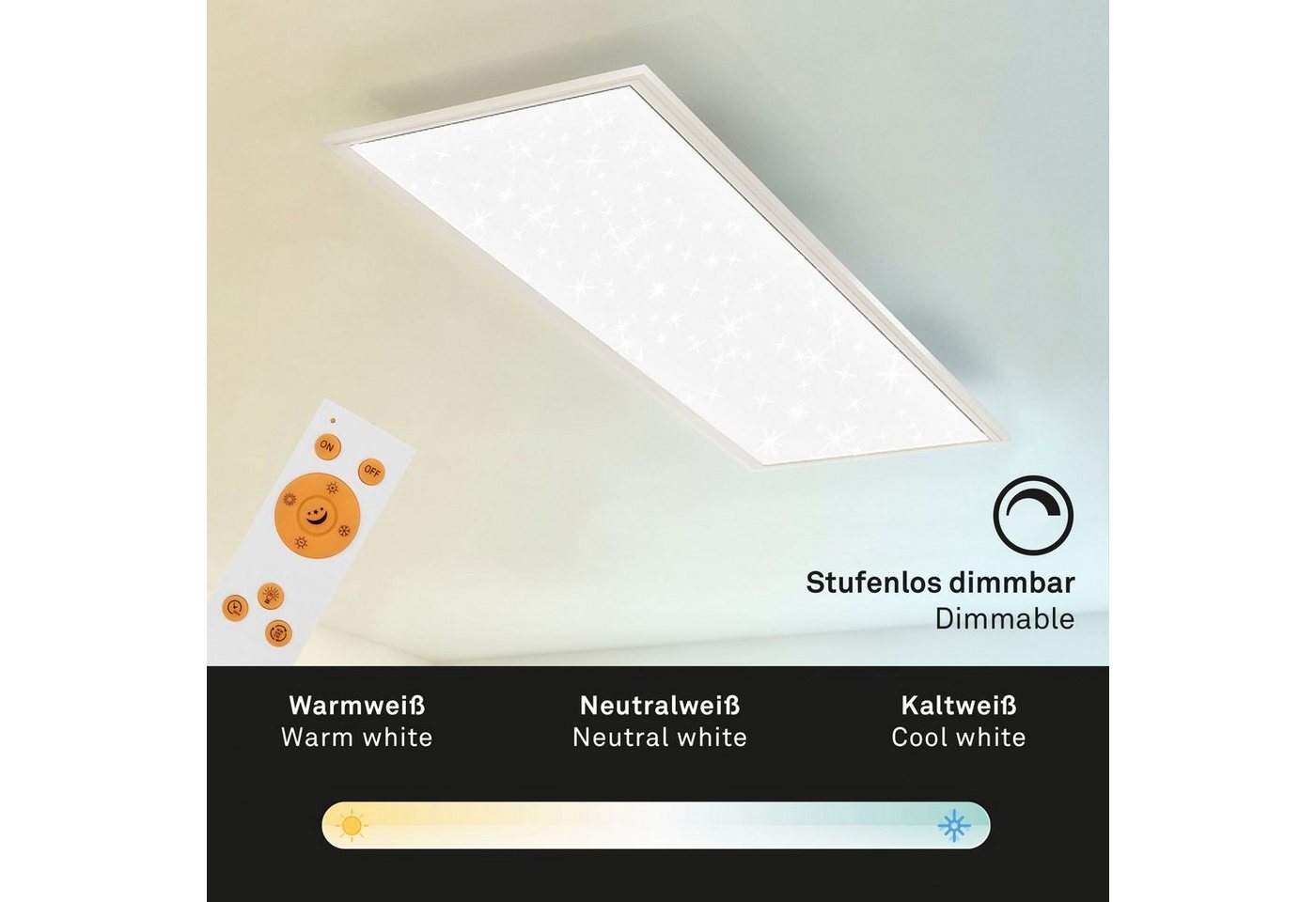 Briloner Leuchten LED Panel 7308016 PALLAS, CCT - über Fernbedienung, LED fest integriert, Neutralweiß, Kaltweiß, Warmweiß, Tageslichtweiß, Deckenlampe, 100x25x – Bild 5 von 5