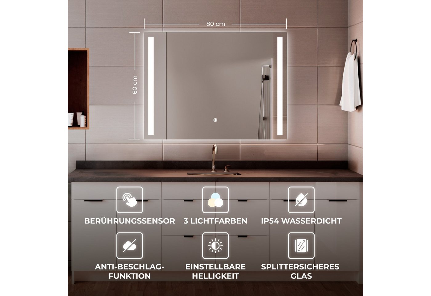 Bringer Badspiegel BRS103, Badezimmerspiegel mit Anti-Beschlag und Speicherfunktion – Bild 2 von 5