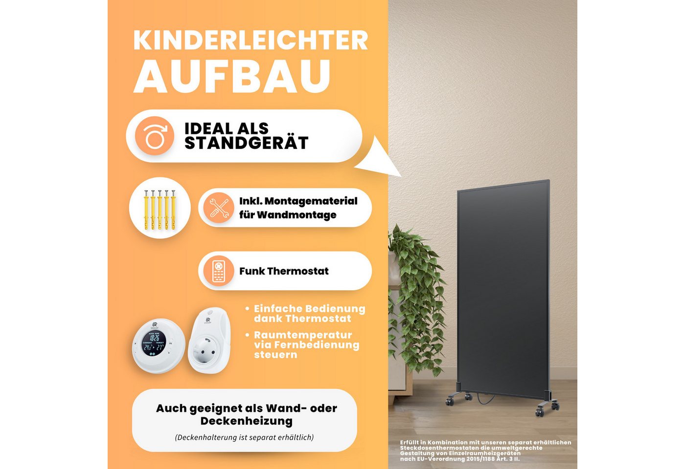 Bringer Infrarotheizung Standgerät, 300-1200 Watt, inkl. Standfüße, 5 Jahre Garantie, TÜV, schwarz – Bild 4 von 5