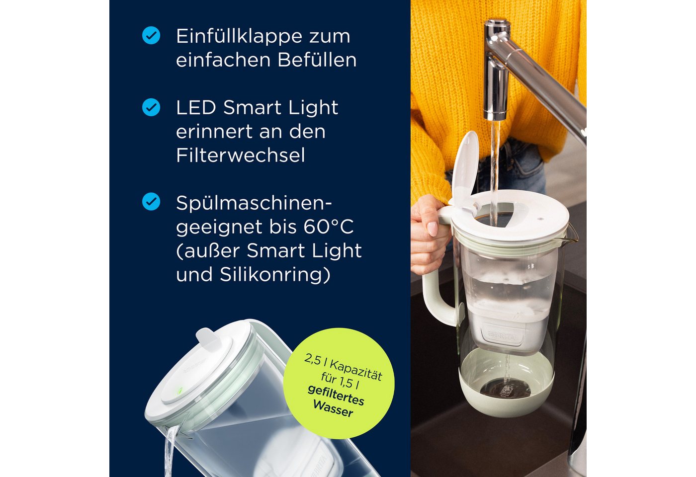 BRITA Wasserfilter Glas-Kanne MAXTRA hellgrün (2,5l), inkl. 1x Pure Performance Filter, Limited Edition Glaskanne, Filterwechselanzeige, reduziert PFAS etc. – Bild 3 von 5