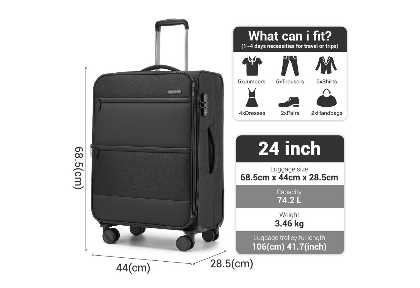 British Traveller Trolleyset, 41L Handgepäck & 68L/100L erweiterbare Stoffkoffer, (1 tlg) – Bild 2 von 5