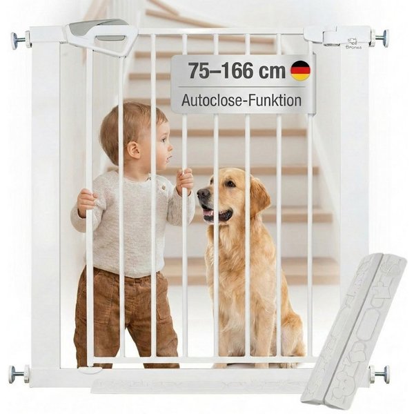 Bronea Treppenschutzgitter BALU Türgitter ohne Bohren Türschutzgitter Treppengitter (75–82 cm verlängerbar bis 165 cm, SAFETY-LOCK Rot/Grün, ANTI-STOLPER-RAMPE,
