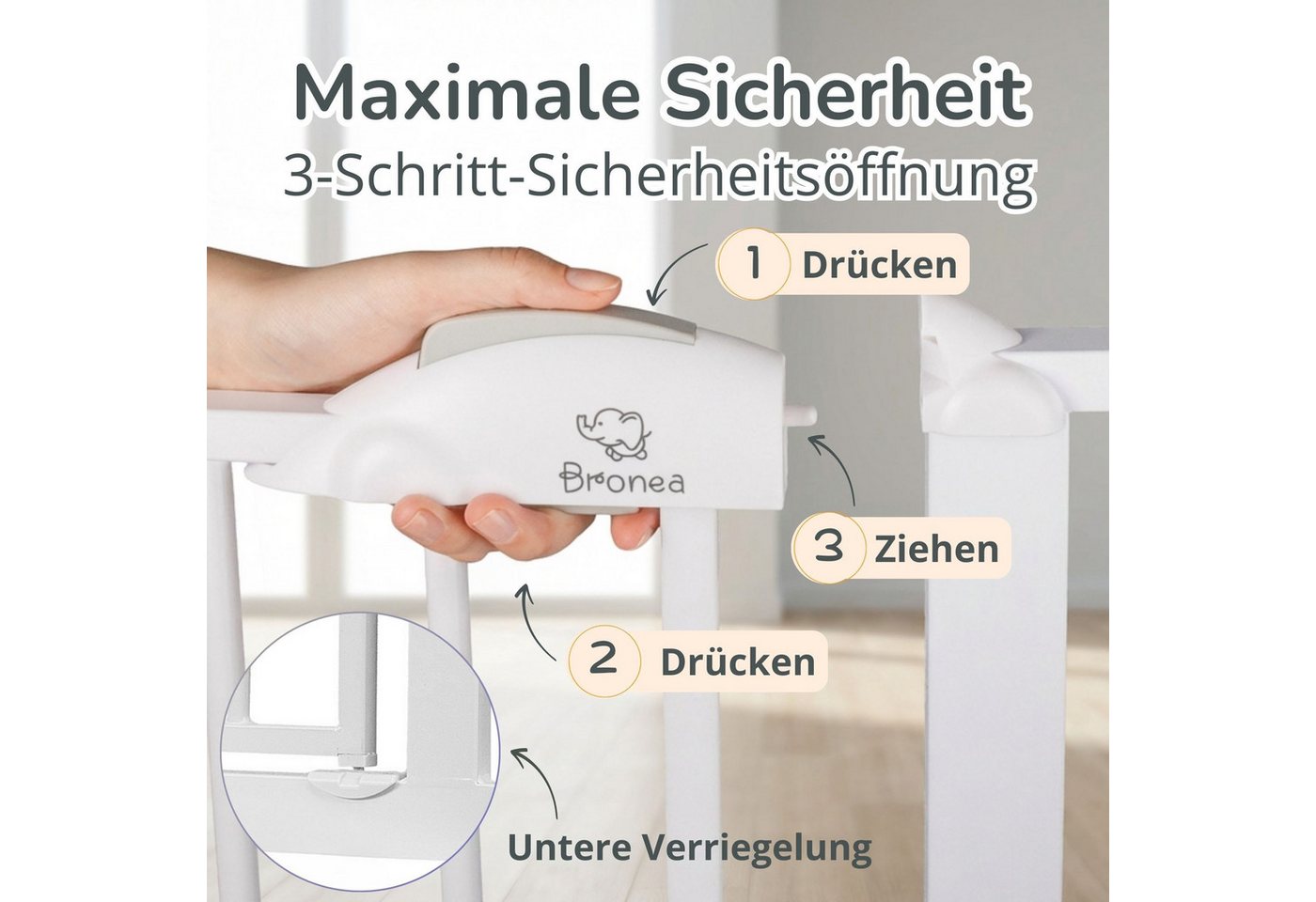 Bronea Treppenschutzgitter CLEO Türgitter ohne Bohren Kinderschutzgitter Treppengitter (zum Klemmen - ohne bohren für Tür & Treppe 75–165 cm verlängerbar, Beids – Bild 4 von 5