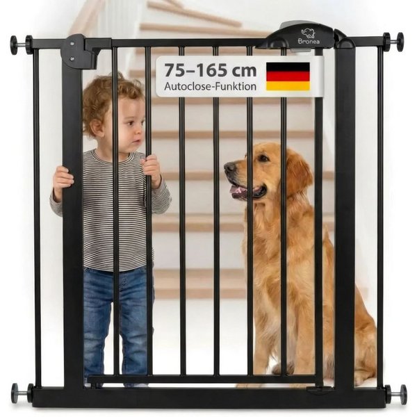 Bronea Treppenschutzgitter CLEO Türgitter ohne Bohren Kinderschutzgitter Treppengitter (zum Klemmen - ohne bohren für Tür & Treppe 75–165 cm verlängerbar, Beids