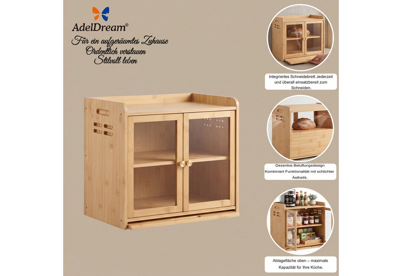 AdelDream Brotkasten AdelDream Bambus Küchen Organizer mit Brotschrank, Schneidebrett – Bild 2 von 5