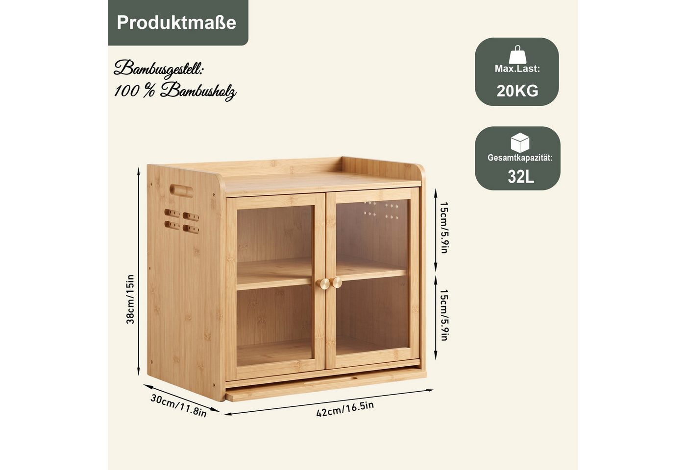 AdelDream Brotkasten AdelDream Bambus Küchen Organizer mit Brotschrank, Schneidebrett – Bild 3 von 5