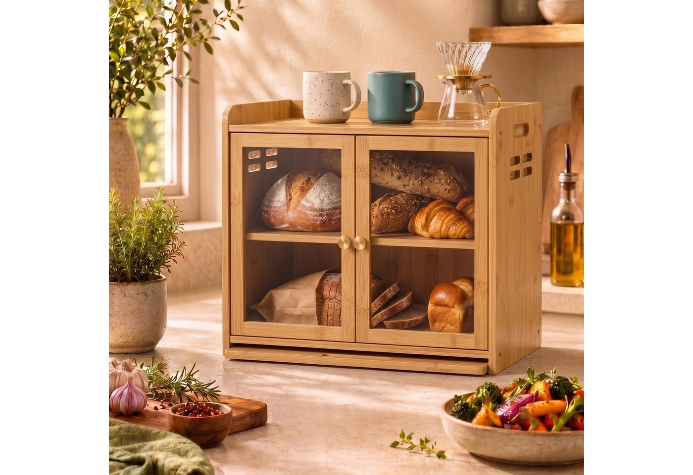 AdelDream Brotkasten AdelDream Bambus Küchen Organizer mit Brotschrank, Schneidebrett – Bild 4 von 5