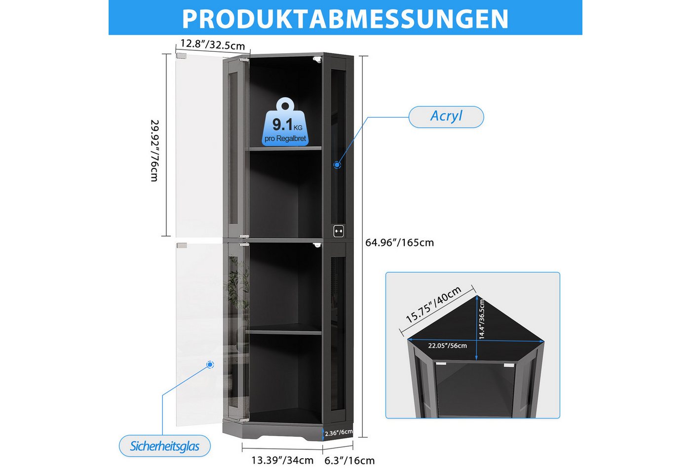 BROTTAR Eckvitrine 4-stöckiger Eckglasanzeigeschrank mit LED -Leuchten (1-St) modernes griffloses Design, 9kg Tragkraft pro Regal – Bild 4 von 5