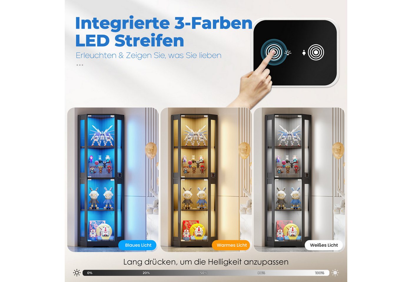 BROTTAR Eckvitrine 4-stöckiger Eckglasanzeigeschrank mit LED -Leuchten (1-St) modernes griffloses Design, 9kg Tragkraft pro Regal – Bild 5 von 5