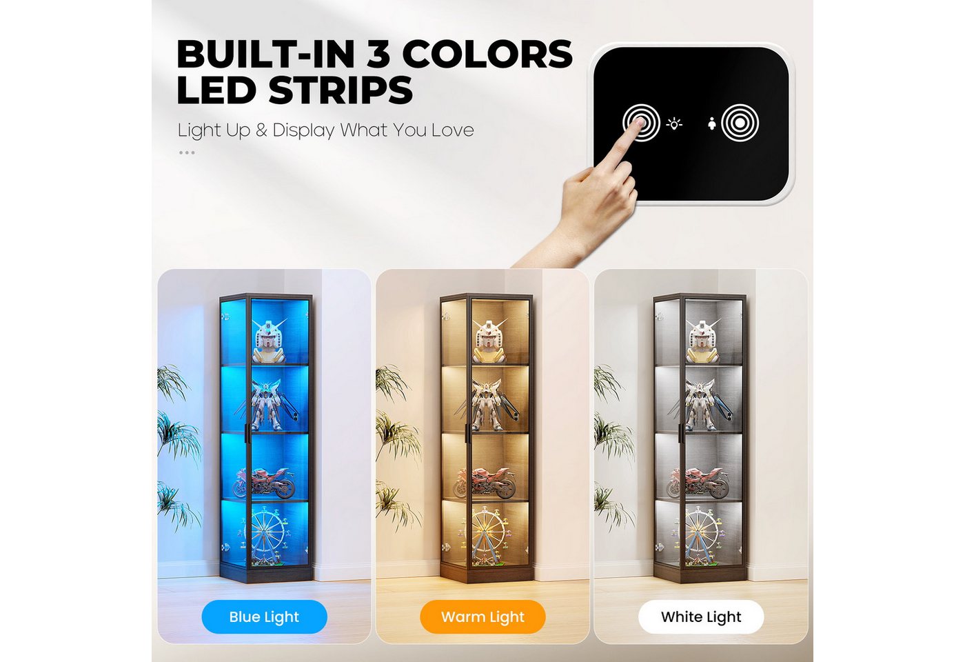 BROTTAR Eckvitrine Glasvitrine mit LED Beleuchtung und menschlicher Sensor aus MDF - Holz und Acryl, einfache Montage, schwarz – Bild 5 von 5