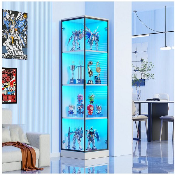 BROTTAR Eckvitrine Glasvitrine mit LED Beleuchtung und menschlicher Sensor aus MDF - Holz und Acryl, einfache Montage, weiß