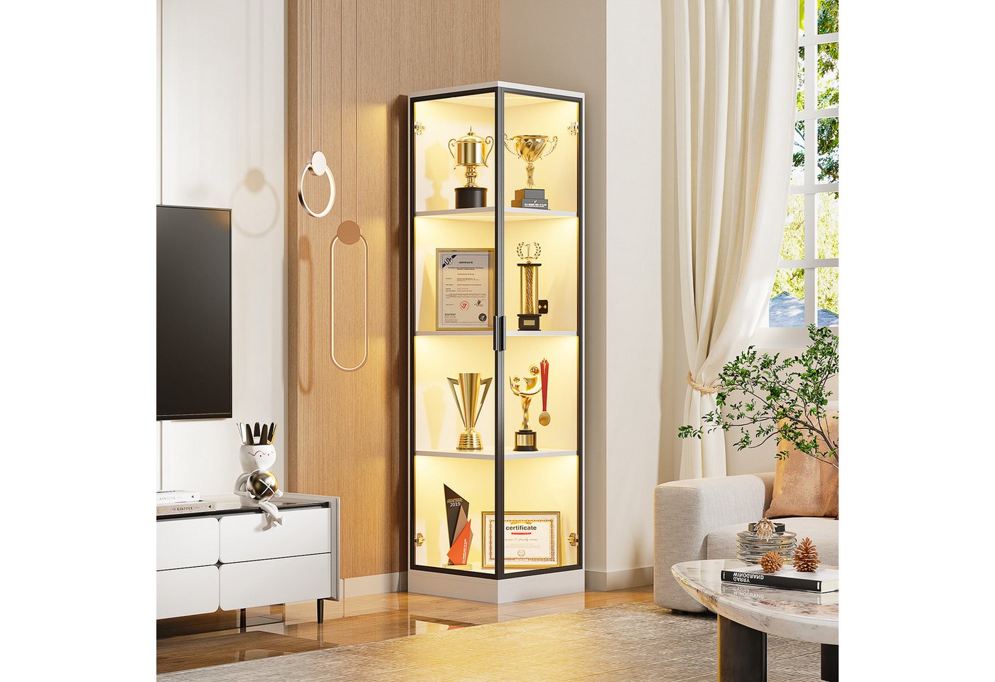 BROTTAR Eckvitrine Glasvitrine mit LED Beleuchtung und menschlicher Sensor aus MDF - Holz und Acryl, einfache Montage, weiß – Bild 2 von 5