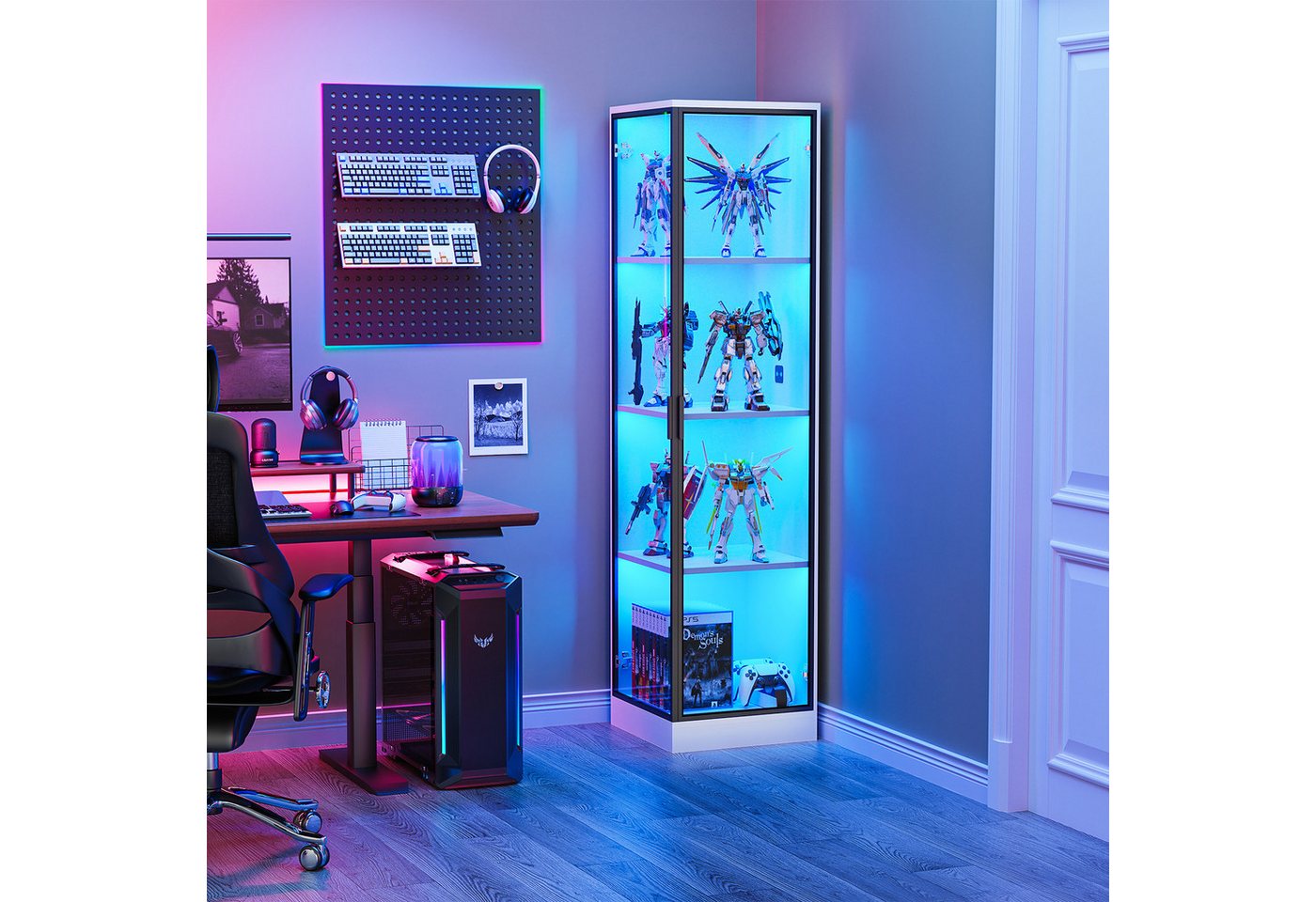 BROTTAR Eckvitrine Glasvitrine mit LED Beleuchtung und menschlicher Sensor aus MDF - Holz und Acryl, einfache Montage, weiß – Bild 3 von 5