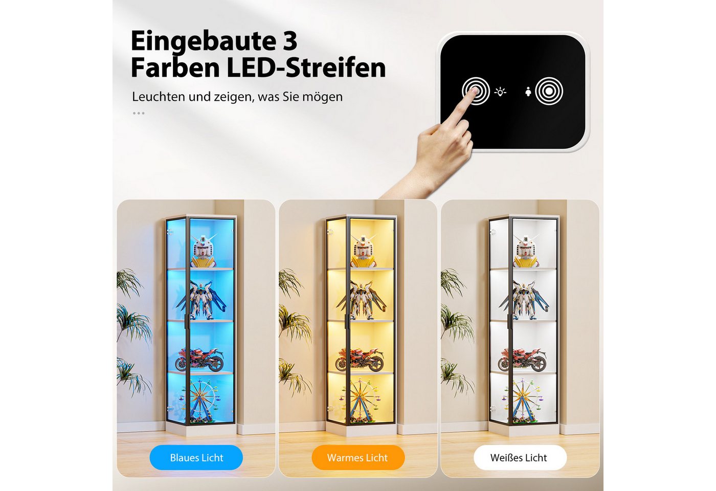 BROTTAR Eckvitrine Glasvitrine mit LED Beleuchtung und menschlicher Sensor aus MDF - Holz und Acryl, einfache Montage, weiß – Bild 5 von 5