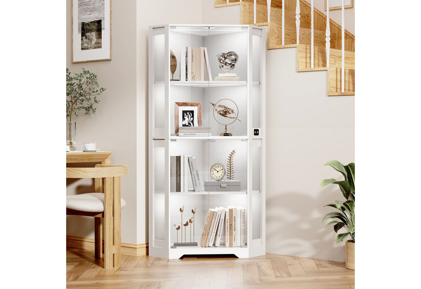 BROTTAR Glasvitrine Curio-Schrank, Eckvitrine, 4 Böden mit LED-Beleuchtung (1-St) mit menschlichem Körpersensor für Spielzeug, Bücher, weiß – Bild 2 von 5