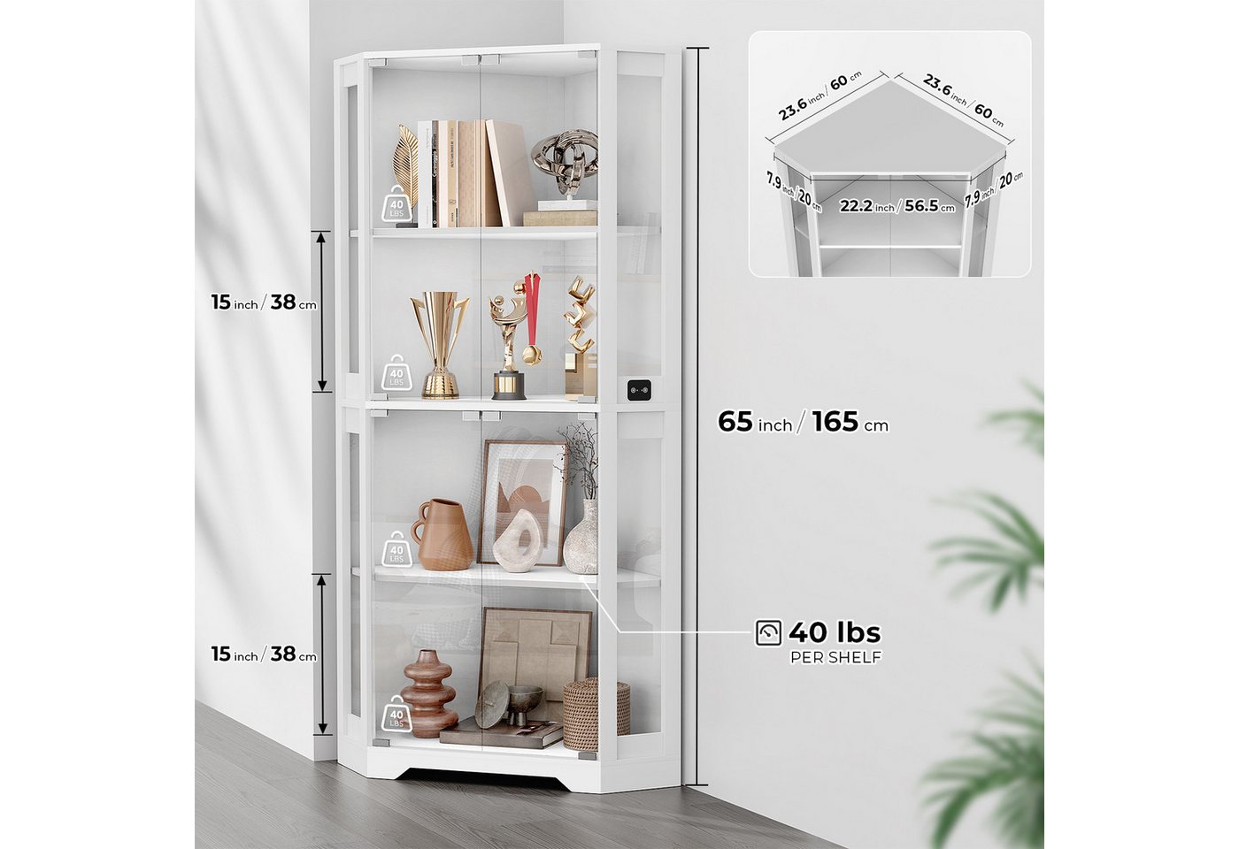 BROTTAR Glasvitrine Curio-Schrank, Eckvitrine, 4 Böden mit LED-Beleuchtung (1-St) mit menschlichem Körpersensor für Spielzeug, Bücher, weiß – Bild 4 von 5