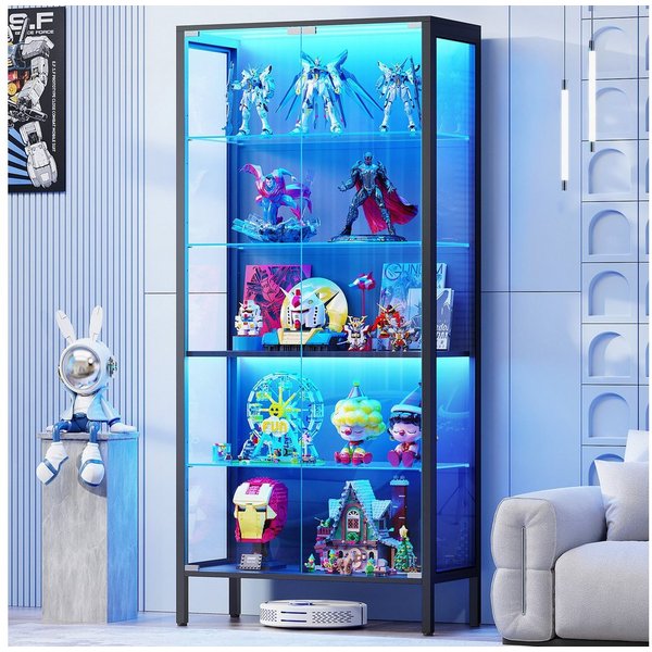 BROTTAR Glasvitrine Metall Glasvitrine mit 5 Ebenen, LED-Beleuchtung (1-St) mit Glasböden und Bewegungssensor, Weiß/Schwarz