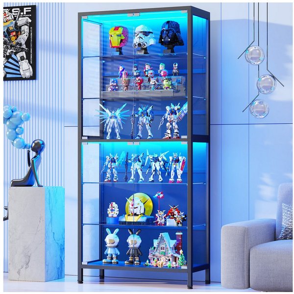 BROTTAR Glasvitrine mit 6 Ebenen, LED-Beleuchtung, verstellbaren Glasböden (1-St) 75×35×181cm, schwarz