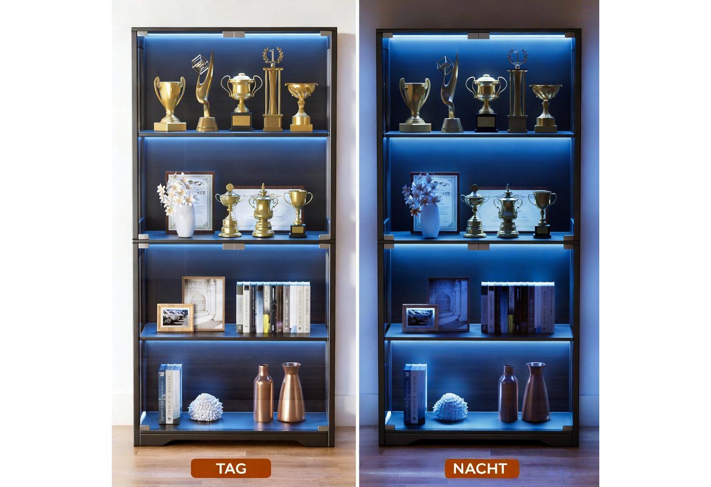 BROTTAR Glasvitrine mit Doppeltüren, LED-Beleuchtung und Bewegungssensor (1-St) mit großem Stauraum auf 4 Ebenen, 80×35×165cm – Bild 3 von 5