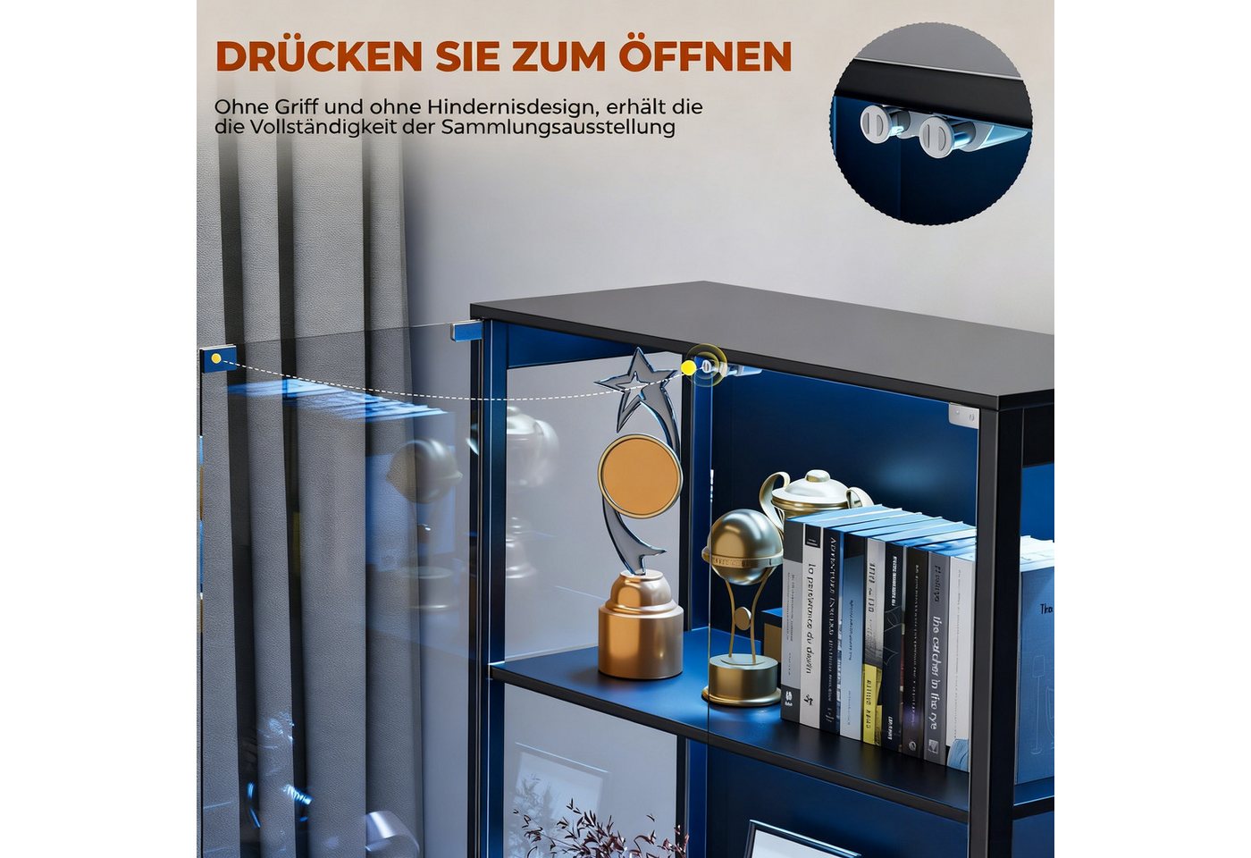 BROTTAR Glasvitrine mit Doppeltüren, LED-Beleuchtung und Bewegungssensor (1-St) mit großem Stauraum auf 4 Ebenen, 80×35×165cm – Bild 5 von 5