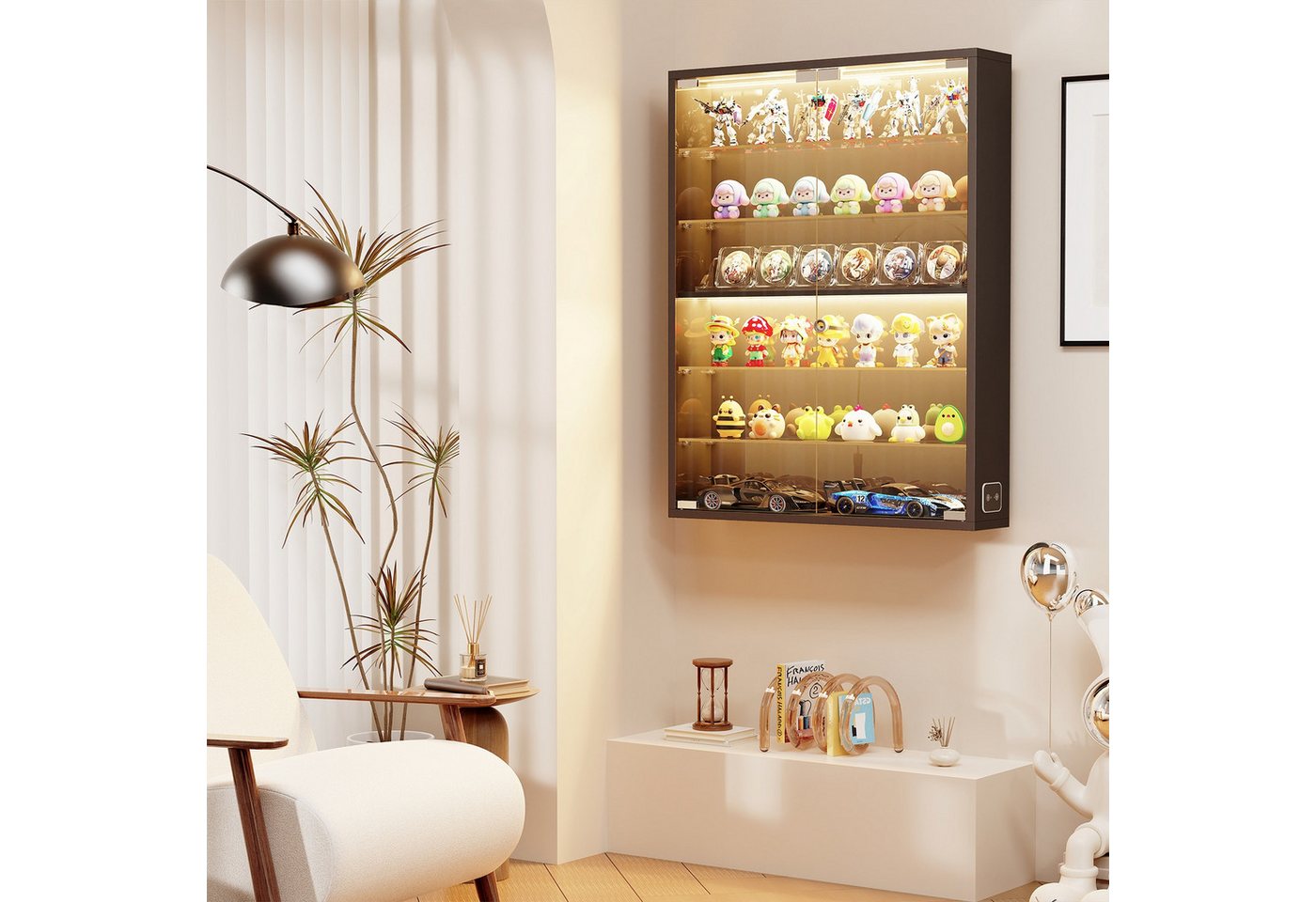 BROTTAR Hängevitrine Wandvitrine, LED Glasvitrine mit 6 Ebenen, verstellbaren Glasböden (1-St) mit Glastüren, Schwarz/Weiß – Bild 3 von 5
