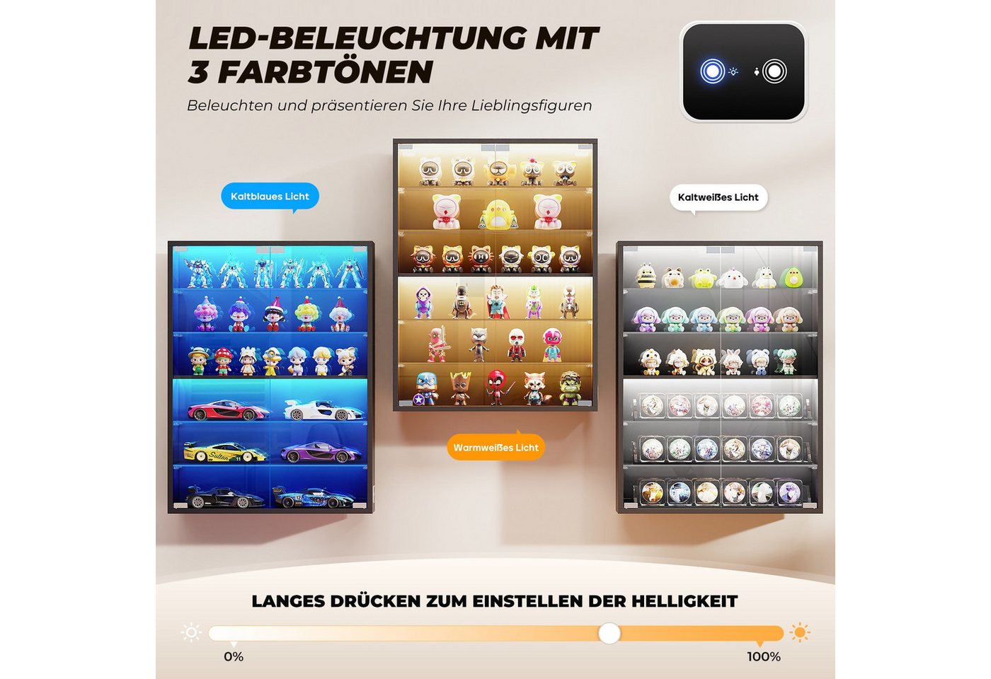 BROTTAR Hängevitrine Wandvitrine, LED Glasvitrine mit 6 Ebenen, verstellbaren Glasböden (1-St) mit Glastüren, Schwarz/Weiß – Bild 4 von 5