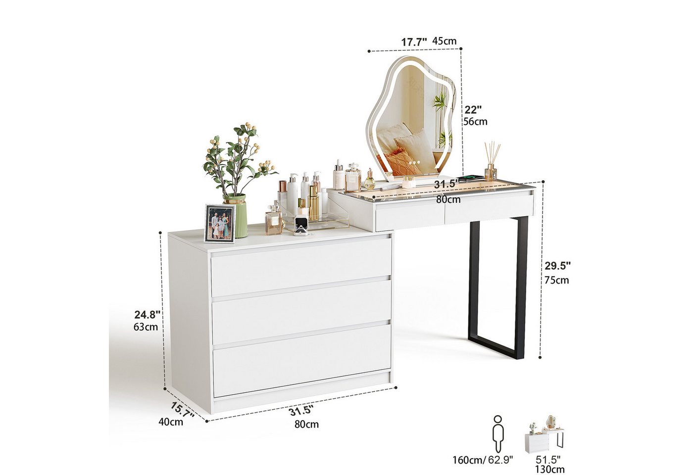 BROTTAR Schminktisch mit Spiegel, 5 Schubladen und LED-Beleuchtung, mit Glasplatte und L-förmigem Design, weiß – Bild 4 von 5