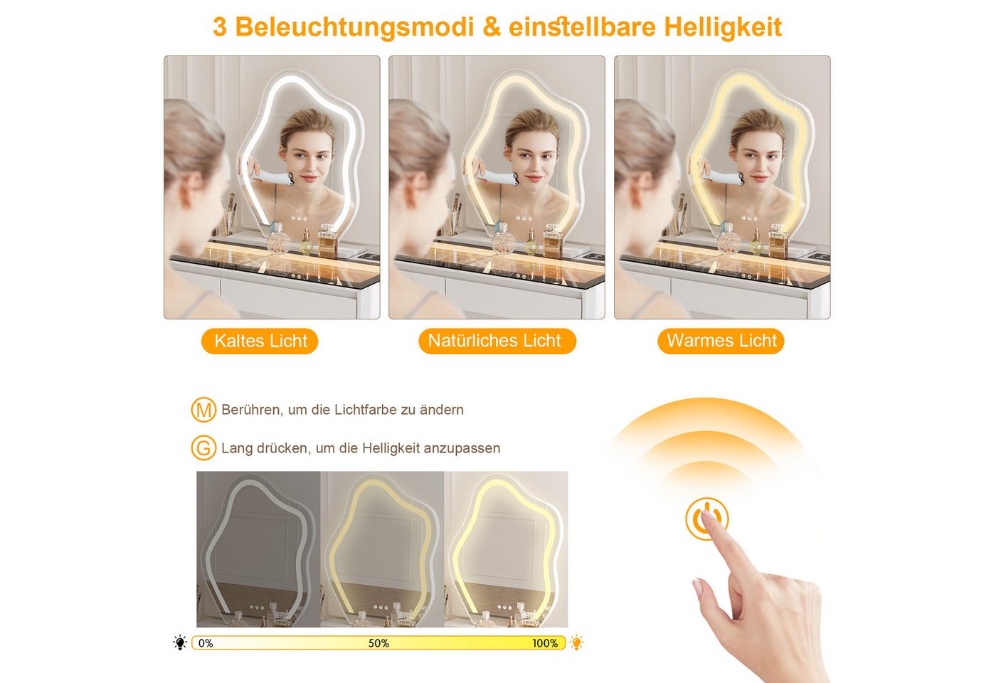 BROTTAR Schminktisch mit Spiegel, 5 Schubladen und LED-Beleuchtung, mit Glasplatte und L-förmigem Design, weiß – Bild 5 von 5