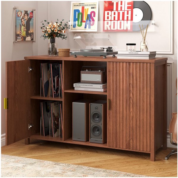 BROTTAR Sideboard Plattenspieler-Schrank, Vinylregal mit offenen Fächern, Rillentüren (1 St), mit Schallplattenaufbewahrung, Braun