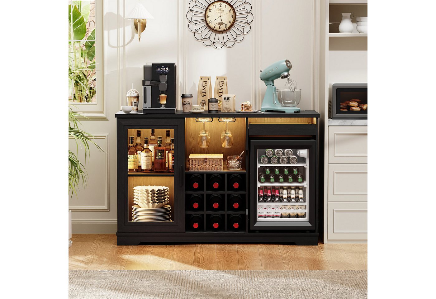 BROTTAR Weinschrank mit Kühlschrank, LED-Beleuchtung und Bewegungsmelder (1-St) mit 9 Weinregalen, 2 Glashaltern, Schubladen und Sichttüren – Bild 2 von 5