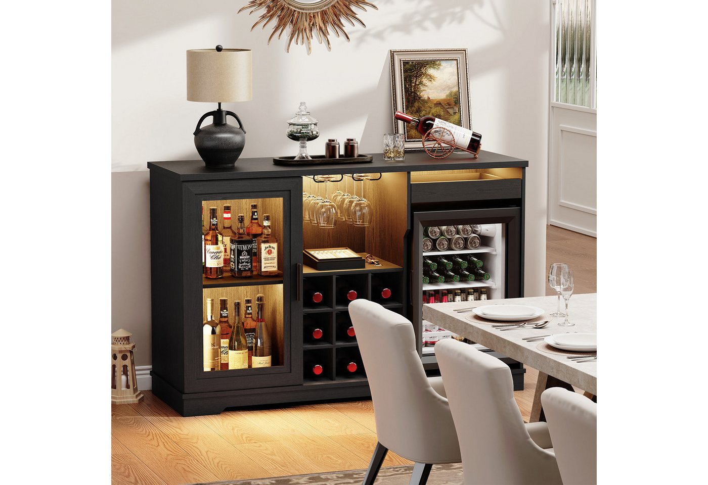 BROTTAR Weinschrank mit Kühlschrank, LED-Beleuchtung und Bewegungsmelder (1-St) mit 9 Weinregalen, 2 Glashaltern, Schubladen und Sichttüren – Bild 3 von 5