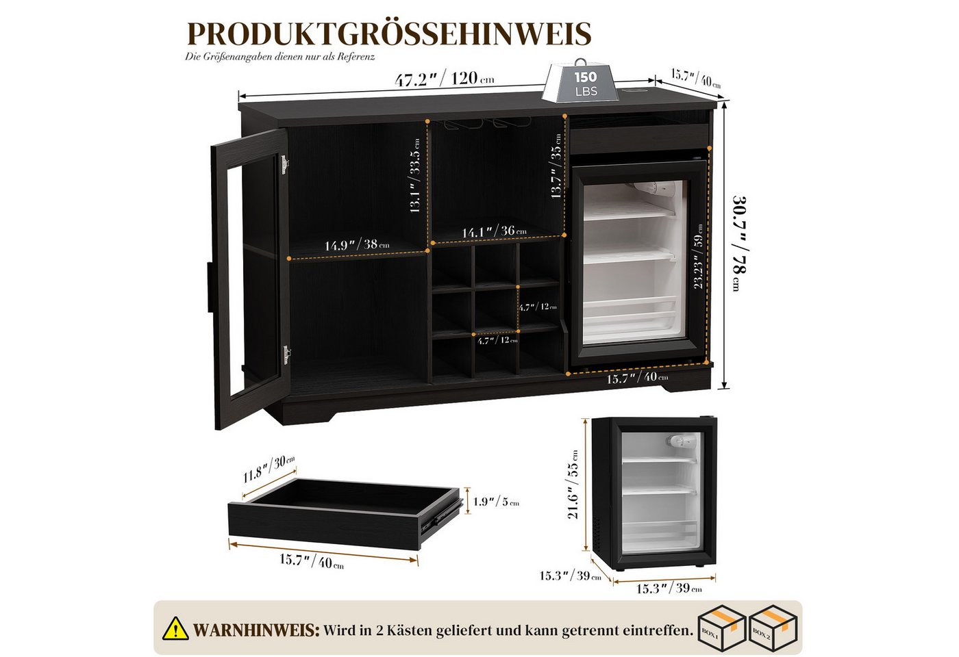 BROTTAR Weinschrank mit Kühlschrank, LED-Beleuchtung und Bewegungsmelder (1-St) mit 9 Weinregalen, 2 Glashaltern, Schubladen und Sichttüren – Bild 5 von 5