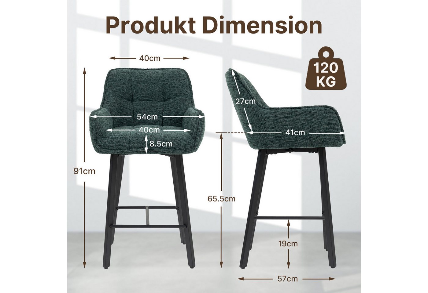 BRTHORY Barhocker 2er Set, höhenverstellbare Küchenhocker mit Rückenlehne (2 St), Fußstütze und Metallgestell, 54x57x91cm – Bild 2 von 5