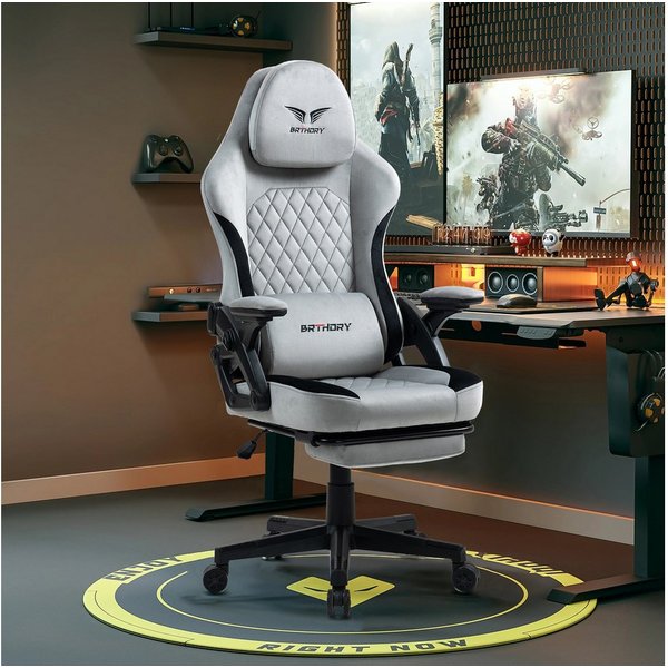 BRTHORY Gaming-Stuhl Rmit Verstellbare Kopfstütze Wippfunktion, 135°, Hellgrau