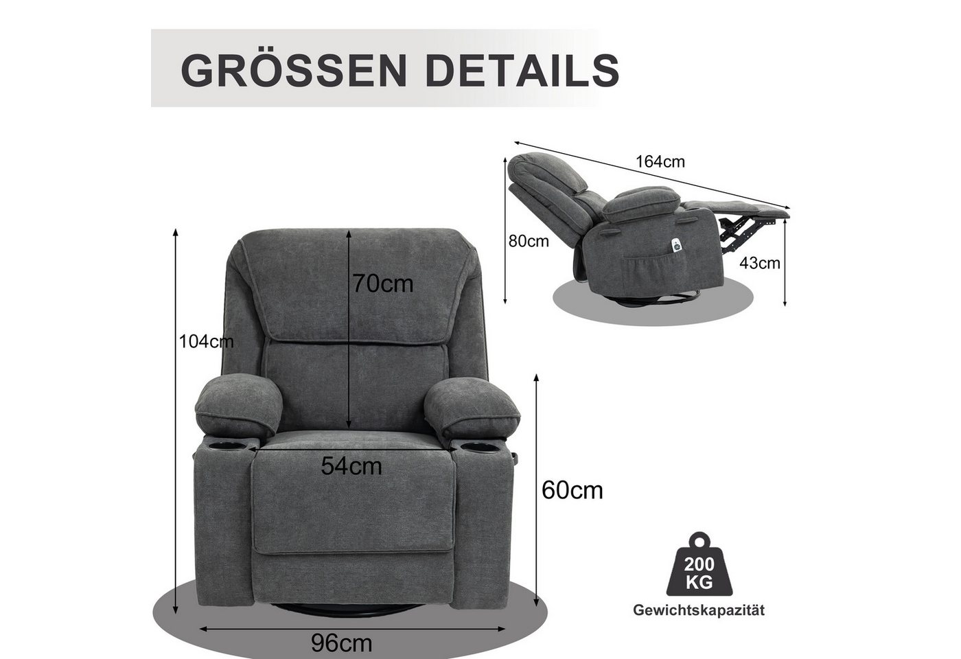 BRTHORY Massagesessel Relaxsessel mit Massagefunktion, Fernsehsessel, 360°drehbar (1-St), Massagesessel mit Liege- und Schaukel-Funktion – Bild 2 von 5