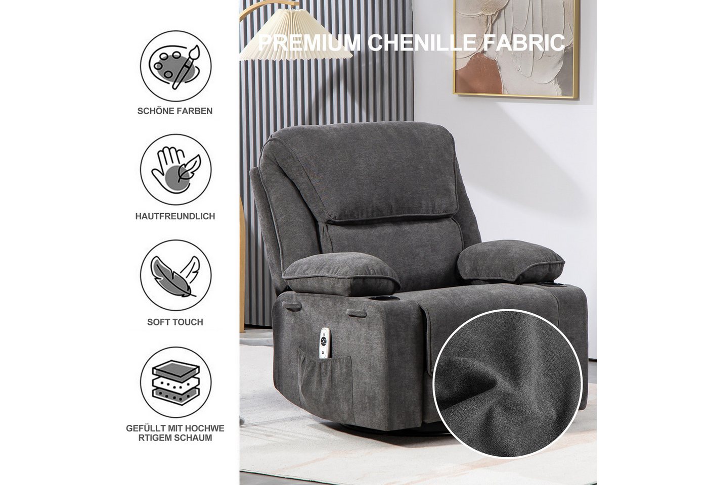 BRTHORY Massagesessel Relaxsessel mit Massagefunktion, Fernsehsessel, 360°drehbar (1-St), Massagesessel mit Liege- und Schaukel-Funktion – Bild 3 von 5
