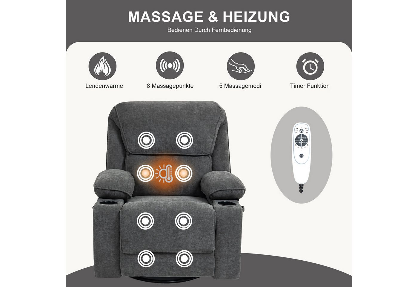 BRTHORY Massagesessel Relaxsessel mit Massagefunktion, Fernsehsessel, 360°drehbar (1-St), Massagesessel mit Liege- und Schaukel-Funktion – Bild 4 von 5