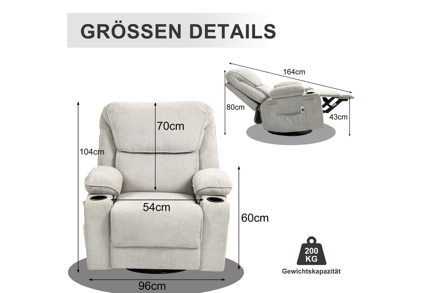 BRTHORY Massagesessel Relaxsessel mit Massagefunktion, Fernsehsessel, 360°drehbar (1-St), Massagesessel mit Liege- und Schaukel-Funktion – Bild 2 von 5
