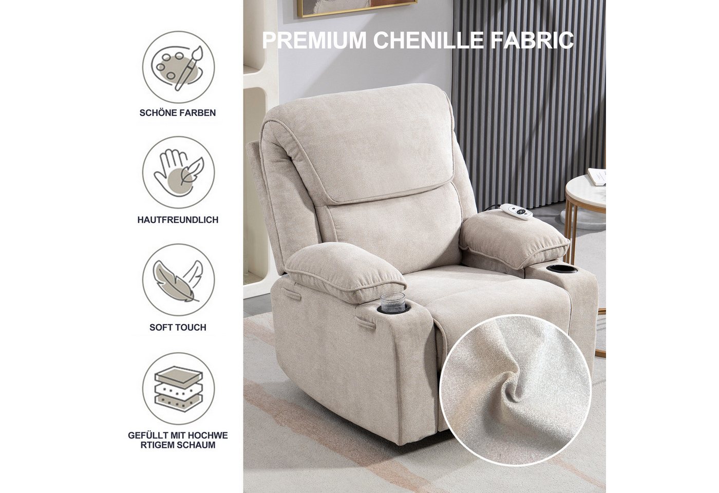 BRTHORY Massagesessel Relaxsessel mit Massagefunktion, Fernsehsessel, 360°drehbar (1-St), Massagesessel mit Liege- und Schaukel-Funktion – Bild 3 von 5